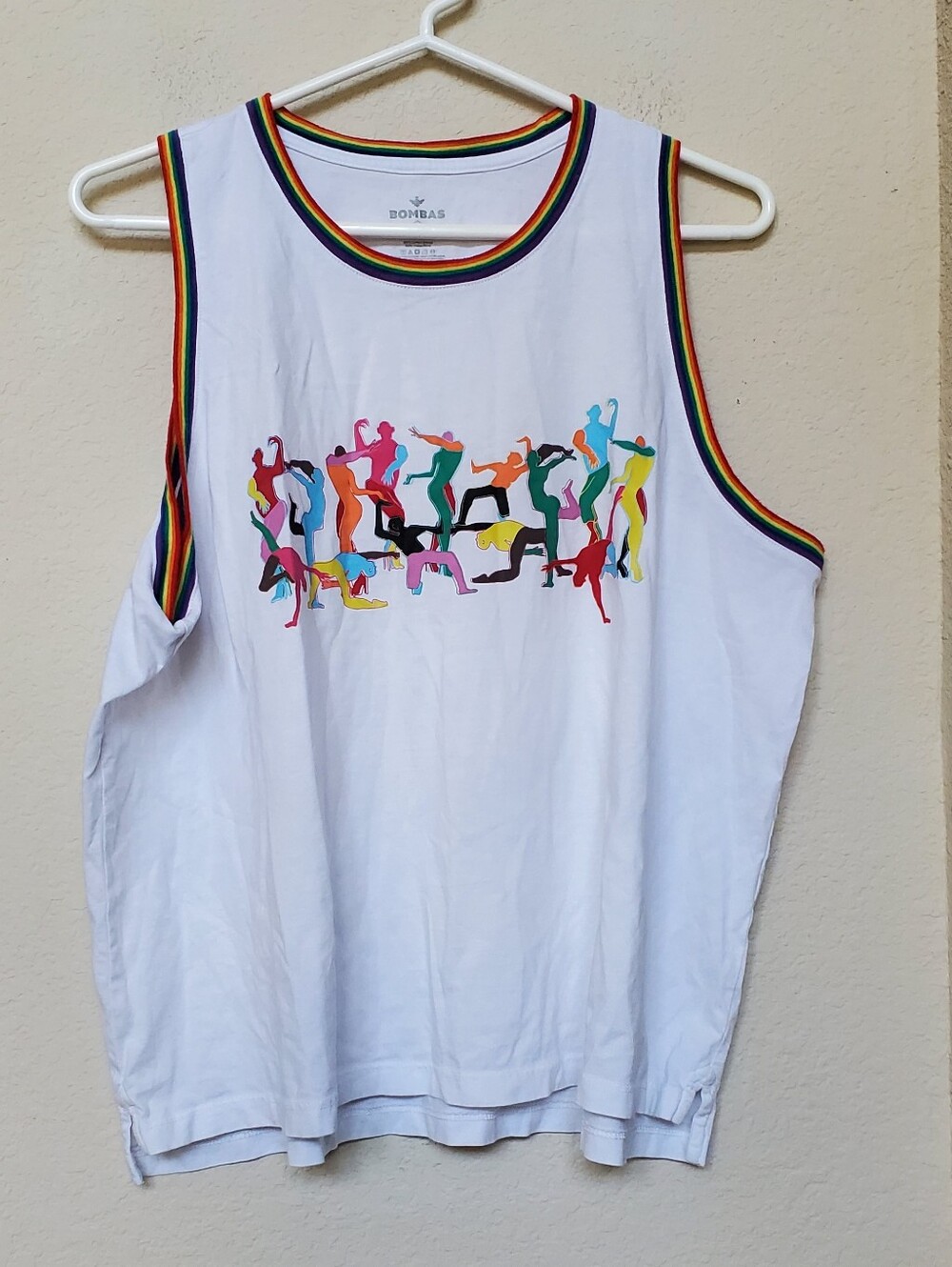 Bombas White Tank Top with Rainbow Trim and Multicolor Dancers.  Size XL